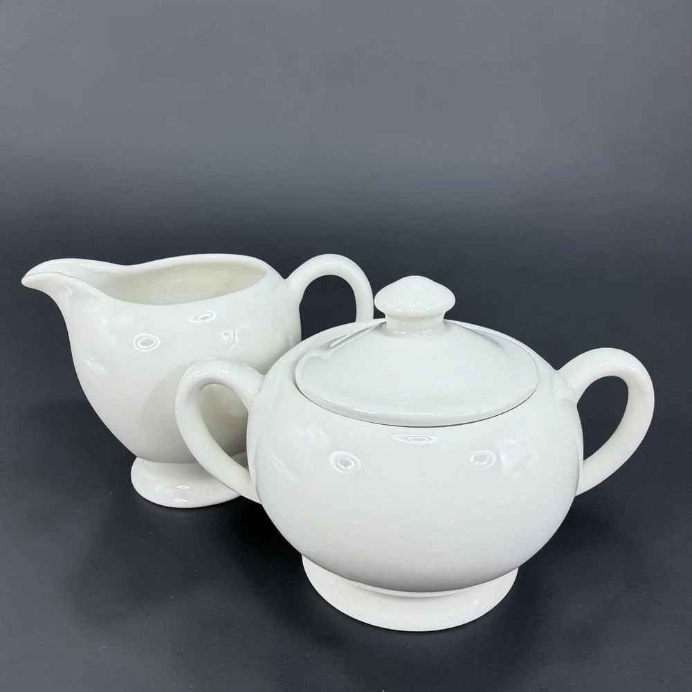 Crate & Barrel White Ceramic Sugar Bowl with Lid and Creamer Set Made in India